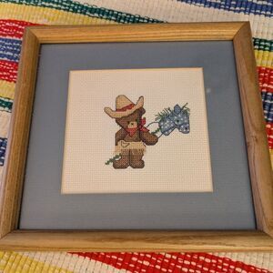 Vintage teddy bear cowboy‎ riding horse framed cross-stitch
